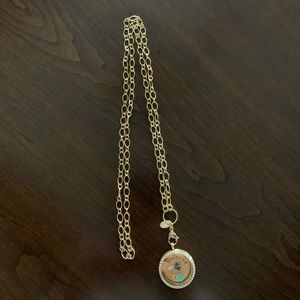 Gold tone & crystal charm necklace, 17” chain with lobster clasp at charm
